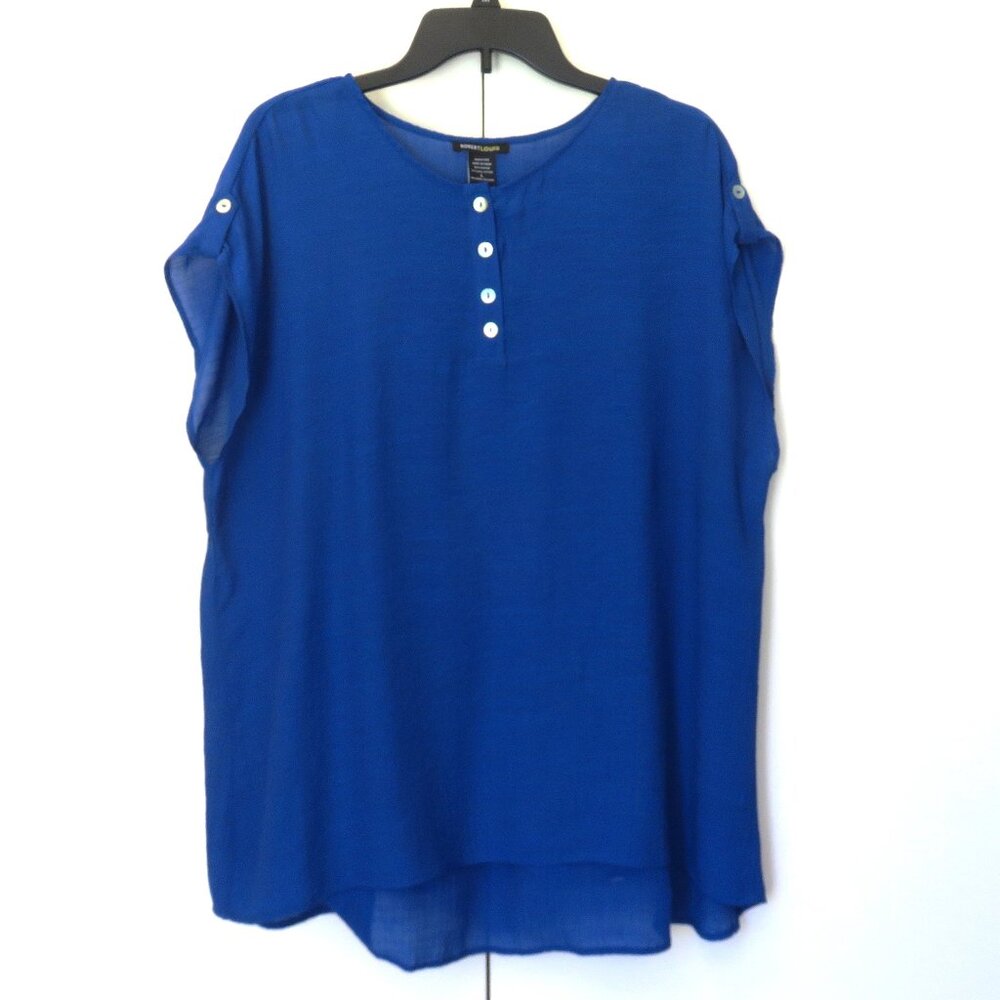 Royal Blue Short Sleeve Rayon Blend Flowy Loose Fit Blouse TunicTop...726